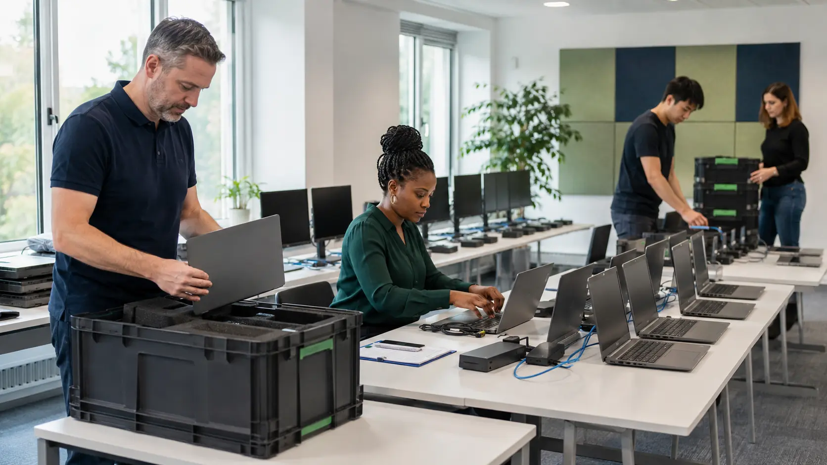 IT team preparing business laptops and monitors for an organised office technology refresh