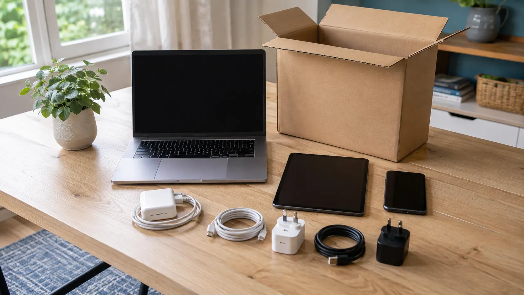 Laptop, tablet, phone and chargers organised on a desk ready for a responsible technology handover