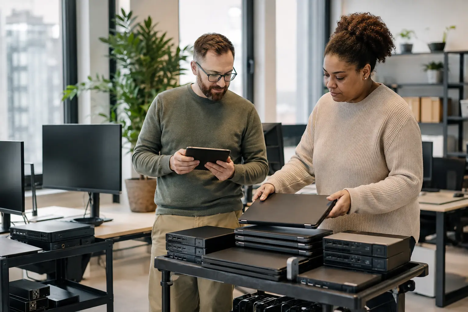 Business team organising laptops and desktop computers