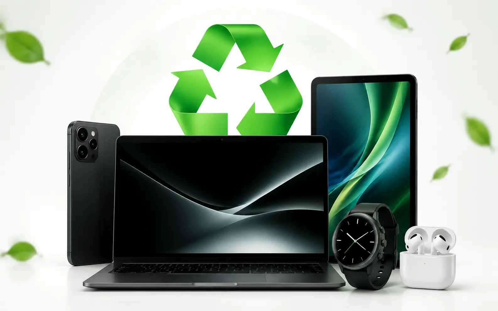 Phones, laptop, tablet, smartwatch and earbuds arranged around a green recycling symbol