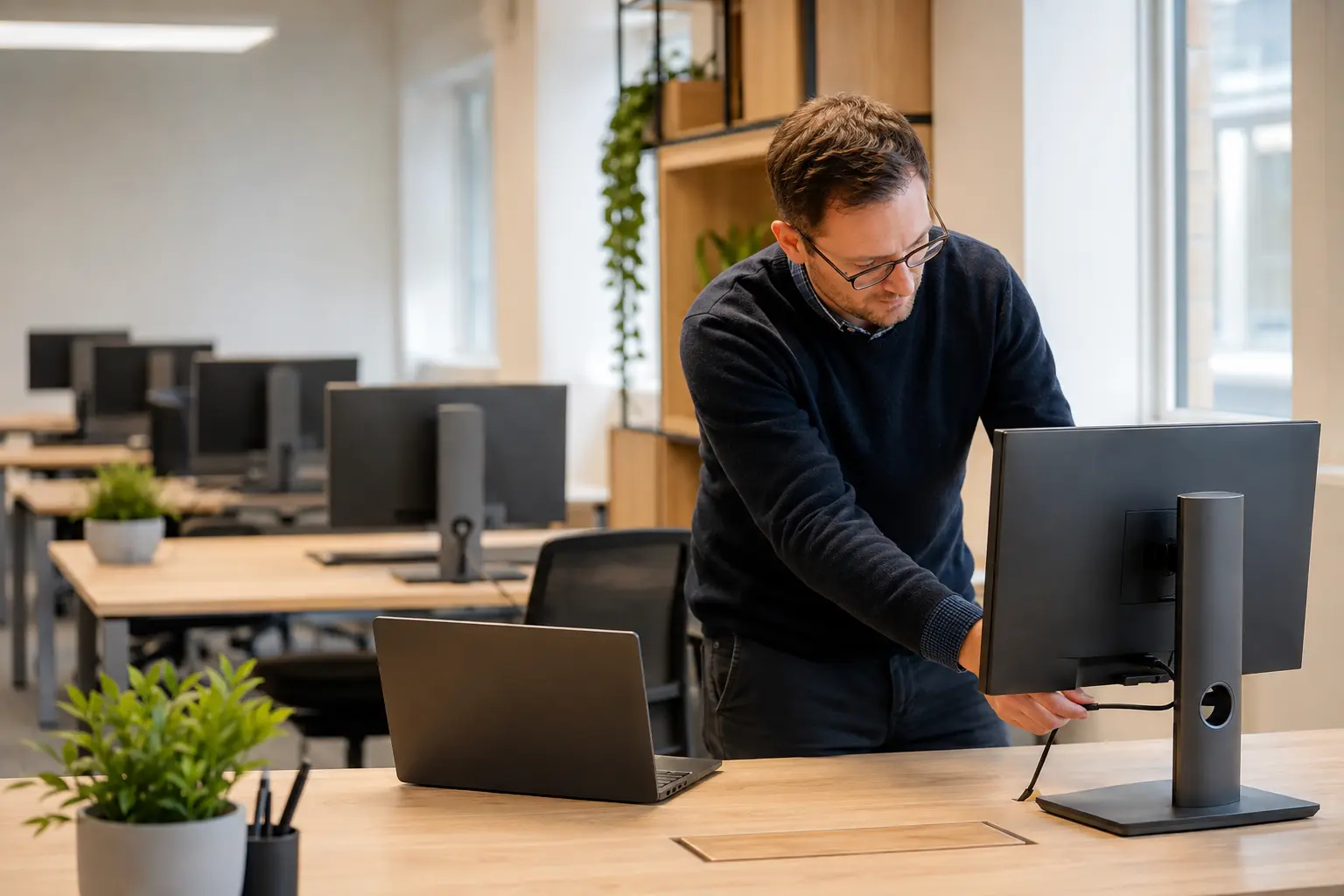 Technician setting up laptops and monitors in a modern office